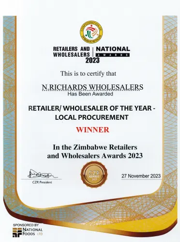 CZR Certificate - Retailer-Wholesaler of The Year Local Procurement 2023